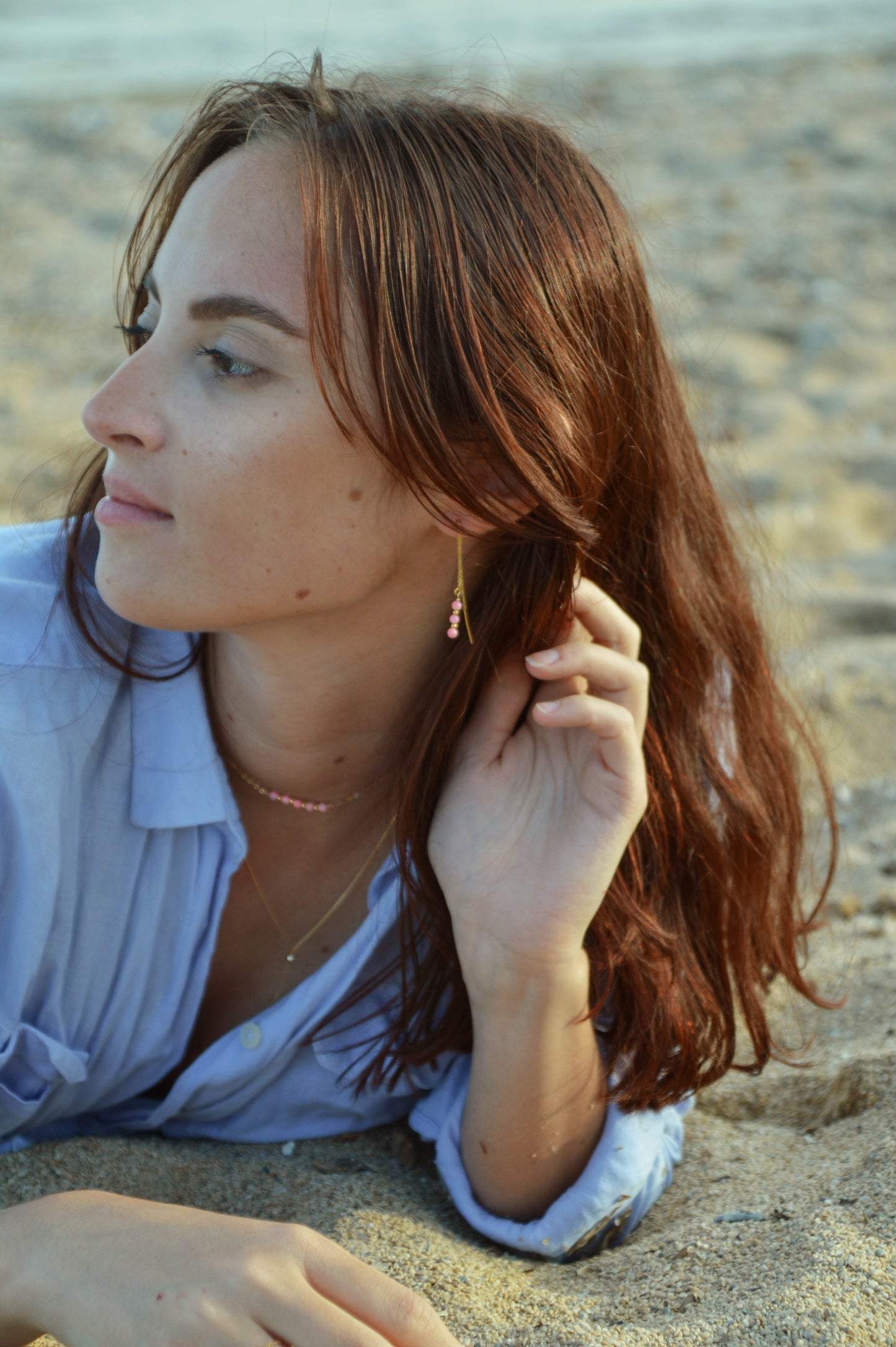 DÉLICATESSE - Boucles d'oreilles chaines et bambou de mer rose